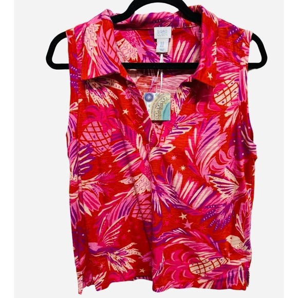 Sigrid Olsen NWT Tropical Hawaiian Pineapple Bird Collared Tank Size Medium - Picture 1 of 5